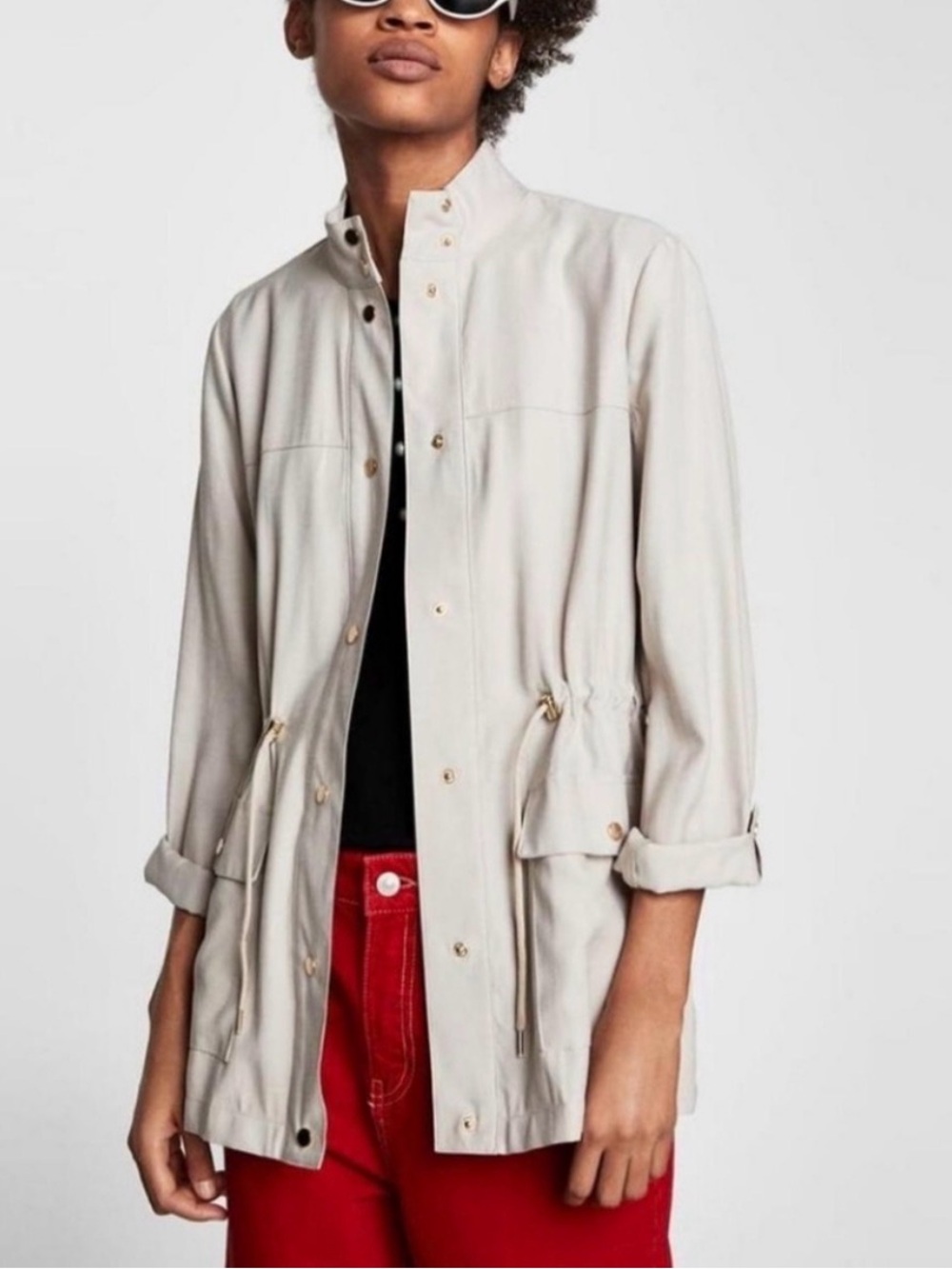 Zara Light Beige Utility Anorak Jacket Drawstring Waist Roll Tab Sleeve Medium